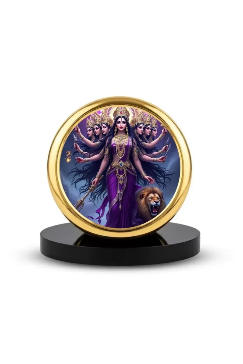 Car Dashboard/Table Top  Goddess Durga Metal Golden Photo Stand  2x2 Inches, Compact & Stylish Spiritual Display For Car, Home & Office (Pack Of 1) (F24695)