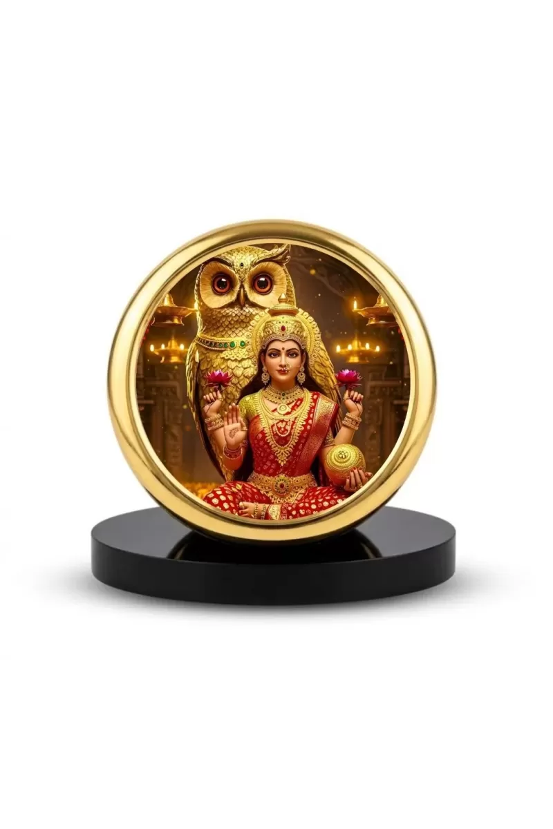 Car Dashboard/Table Top  Divine Maa Lakshmi Metal Golden Photo Stand  2x2 Inches, Compact & Stylish Spiritual Display For Car, Home & Office (Pack Of 1) (F24700)