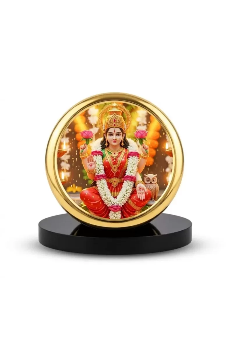 Car Dashboard/Table Top  Goddess Lakshmi Metal Golden Photo Stand  2x2 Inches, Compact & Stylish Spiritual Display For Car, Home & Office (Pack Of 1) (F24702)