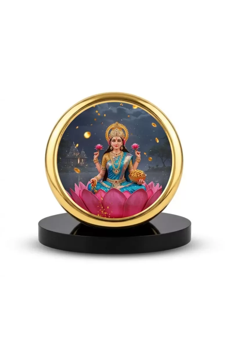Car Dashboard/Table Top  Goddess Lakshmi Metal Golden Photo Stand  2x2 Inches, Compact & Stylish Spiritual Display For Car, Home & Office (Pack Of 1) (F24701)