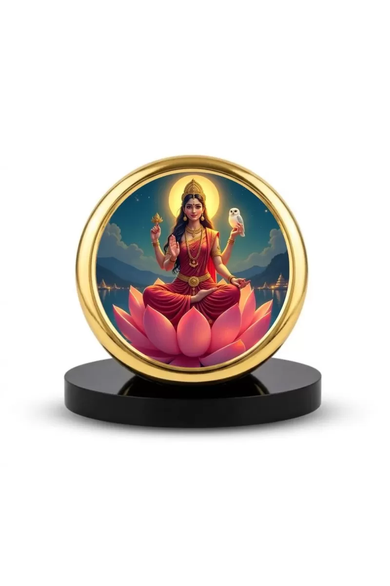 Car Dashboard/Table Top  Goddess Lakshmi Metal Golden Photo Stand  2x2 Inches, Compact & Stylish Spiritual Display For Car, Home & Office (Pack Of 1) (F24703)