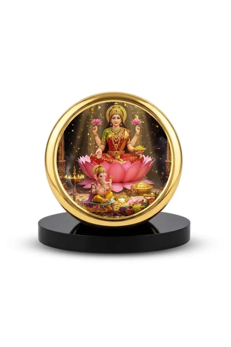 Car Dashboard/Table Top  Goddess Lakshmi Lord Ganesh Metal Golden Photo Stand  2x2 Inches, Compact & Stylish Spiritual Display For Car, Home & Office (Pack Of 1) (F24704)
