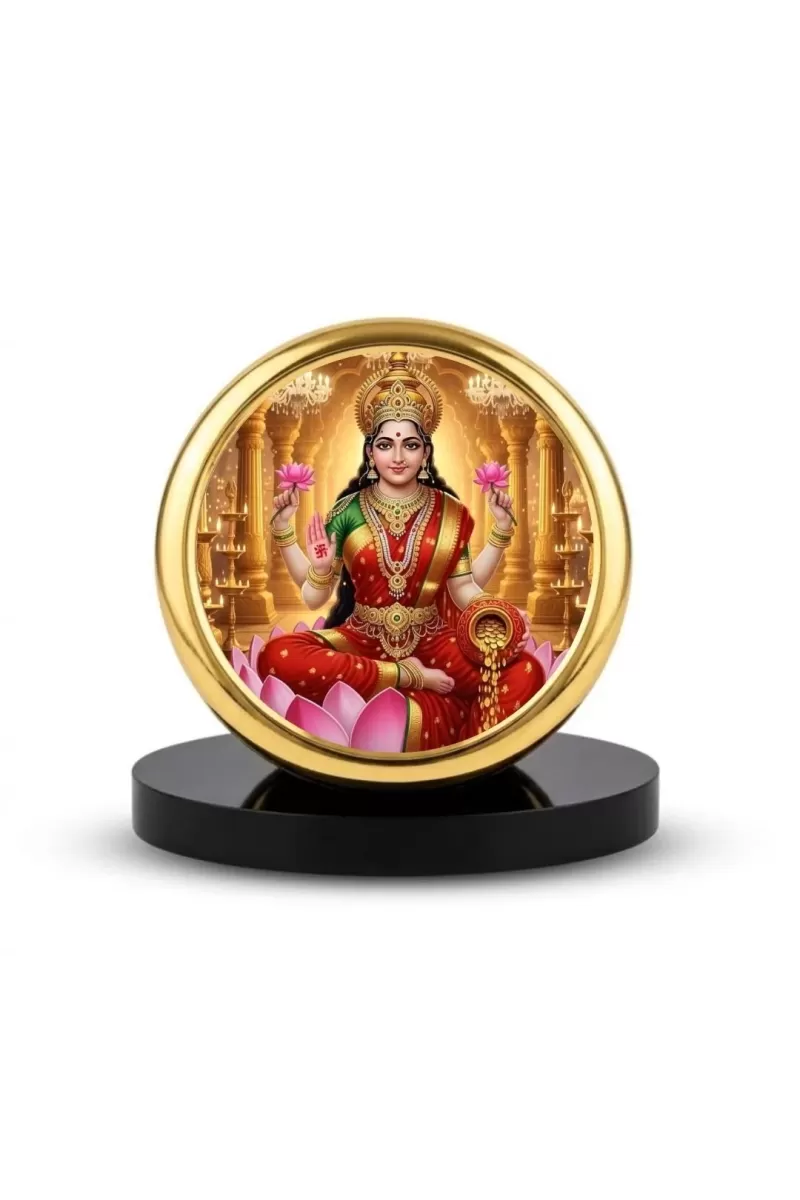 Car Dashboard/Table Top  Goddess Lakshmi Metal Golden Photo Stand  2x2 Inches, Compact & Stylish Spiritual Display For Car, Home & Office (Pack Of 1) (F24705)