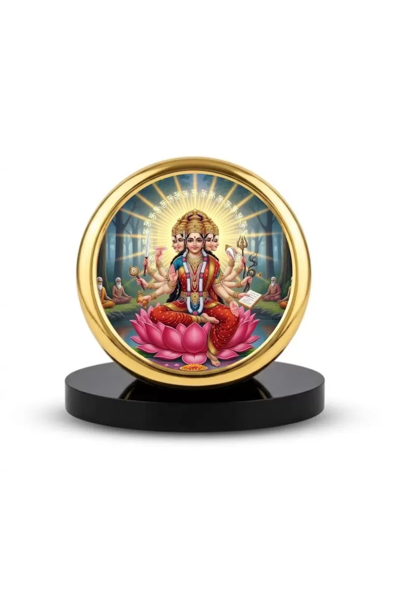 Car Dashboard/Table Top  Gayatri Mata Metal Golden Photo Stand  2x2 Inches, Compact & Stylish Spiritual Display For Car, Home & Office (Pack Of 1) (F24722)