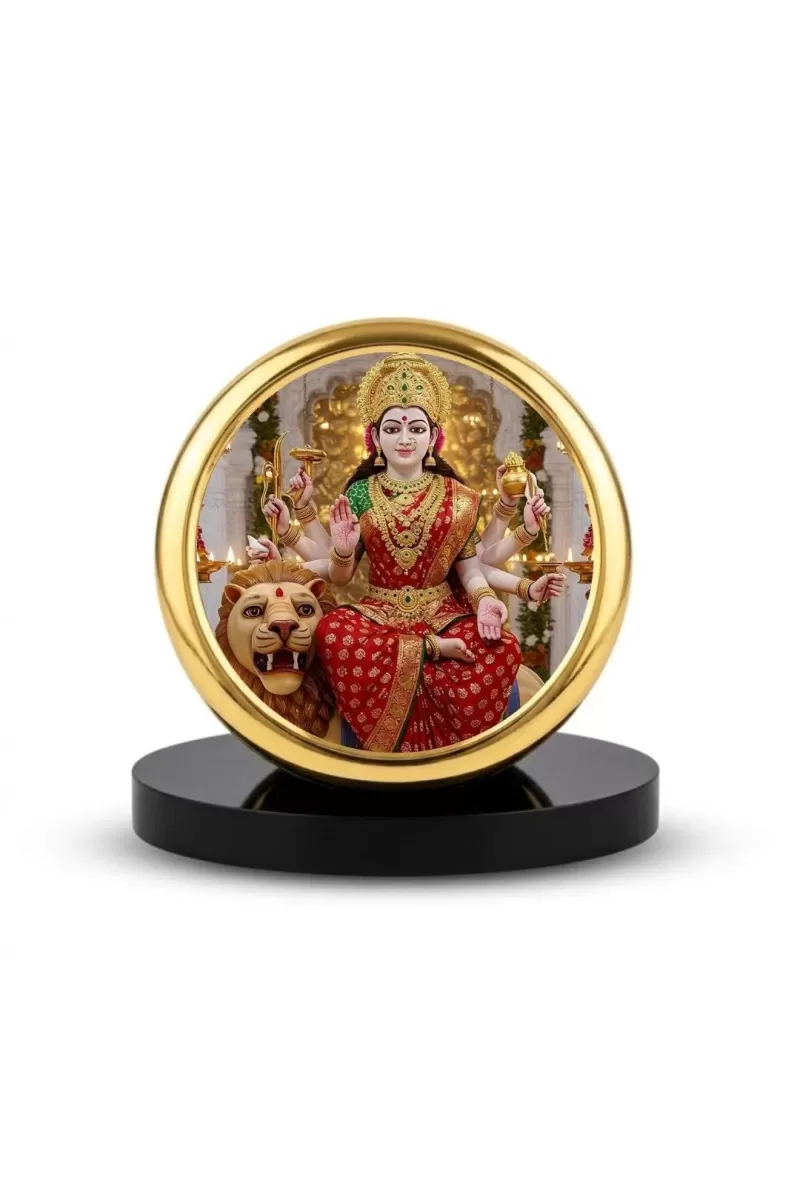 Car Dashboard/Table Top Goddess Durga Metal Golden Photo Stand  2x2 Inches, Compact & Stylish Spiritual Display For Car, Home & Office (Pack Of 1) (F24725)
