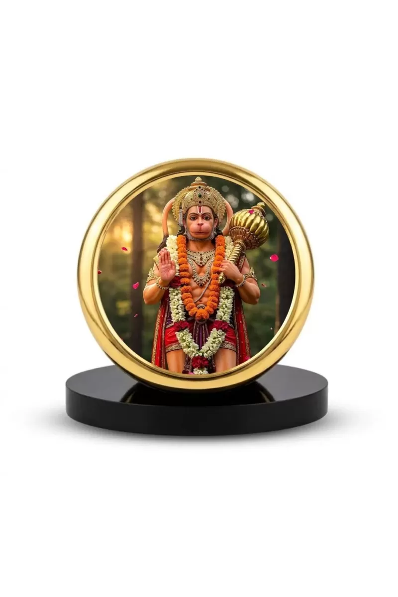 Car Dashboard/Table Top  Lord Hanuman Metal Golden Photo Stand  2x2 Inches, Compact & Stylish Spiritual Display For Car, Home & Office (Pack Of 1) (F24726)