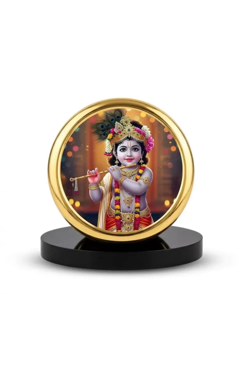 Car Dashboard/Table Top Lord Krishna Metal Golden Photo Stand  2x2 Inches, Compact & Stylish Spiritual Display For Car, Home & Office (Pack Of 1) (F24731)