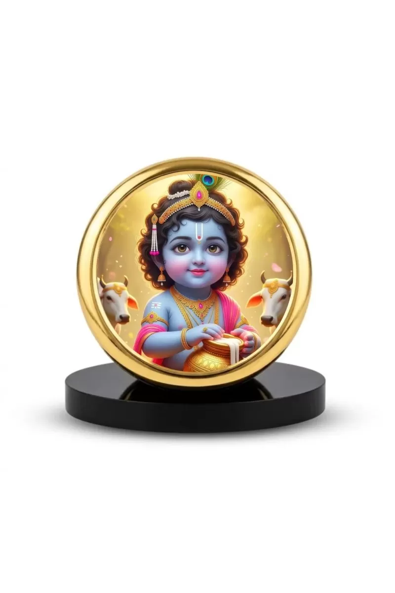 Car Dashboard/Table Top Bal Krishna Metal Golden Photo Stand  2x2 Inches, Compact & Stylish Spiritual Display For Car, Home & Office (Pack Of 1) (F24732)