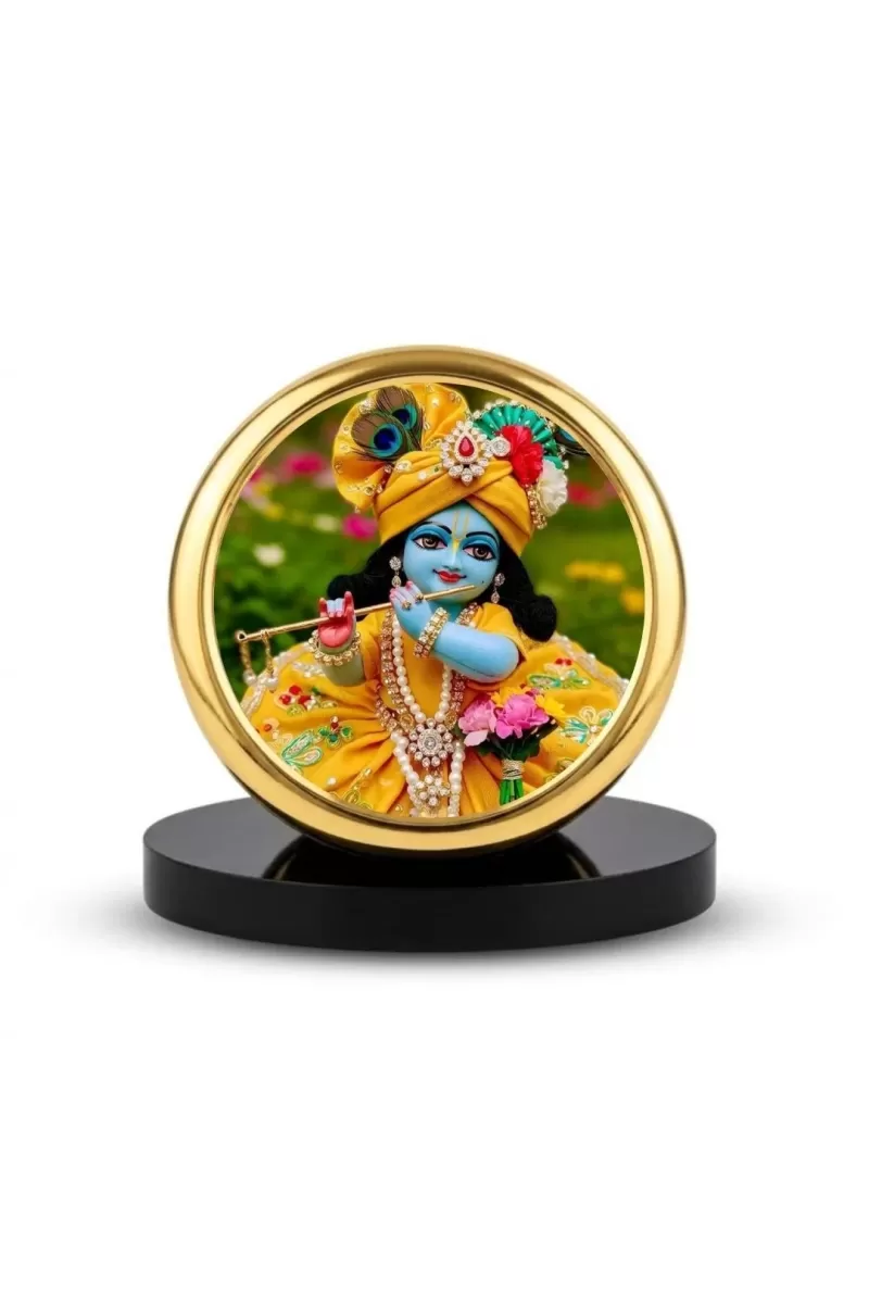 Car Dashboard/Table Top  Lord Krishna Metal Golden Photo Stand  2x2 Inches, Compact & Stylish Spiritual Display For Car, Home & Office (Pack Of 1) (F24733)