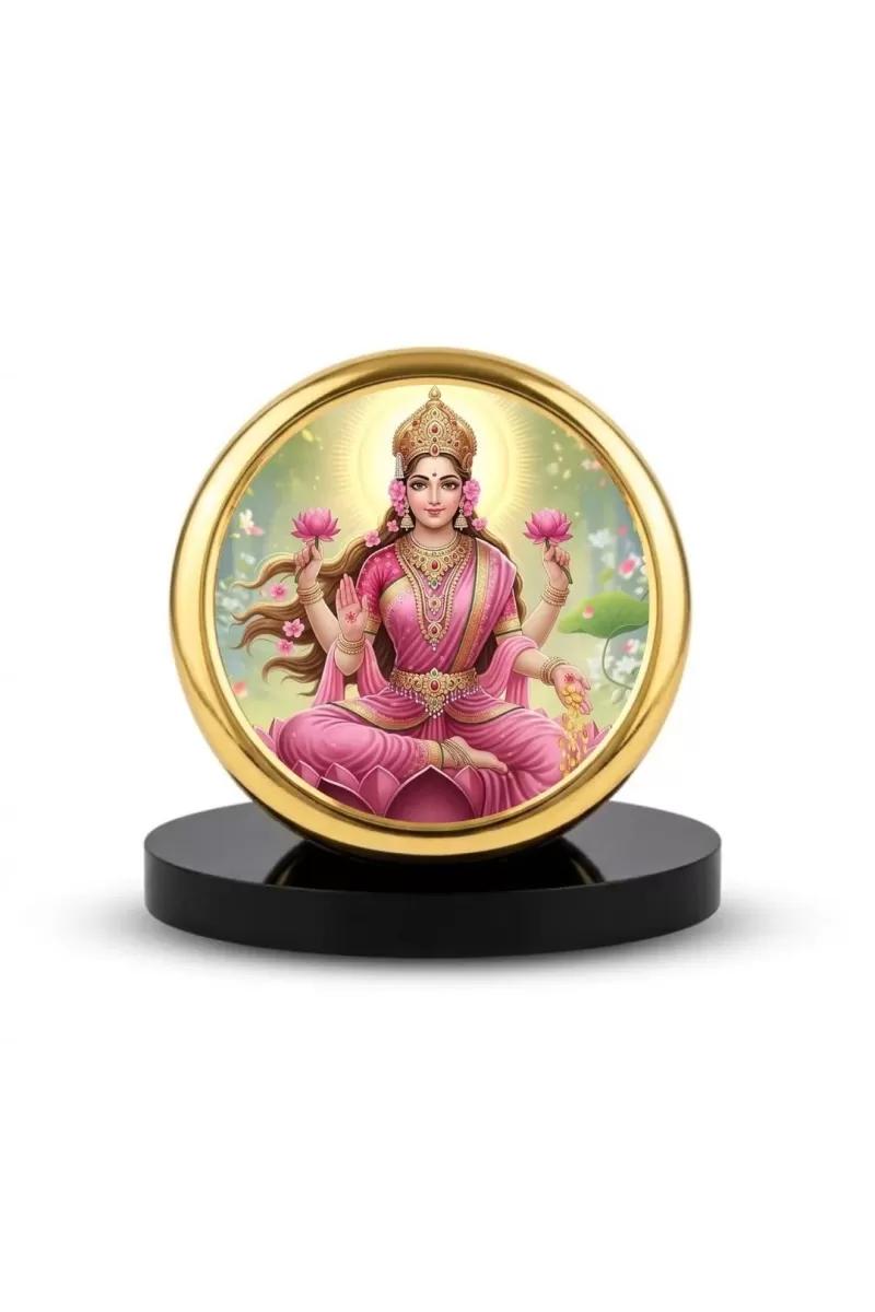 Car Dashboard/Table Top  Goddess Lakshmi Metal Golden Photo Stand  2x2 Inches, Compact & Stylish Spiritual Display For Car, Home & Office (Pack Of 1) (F24735)