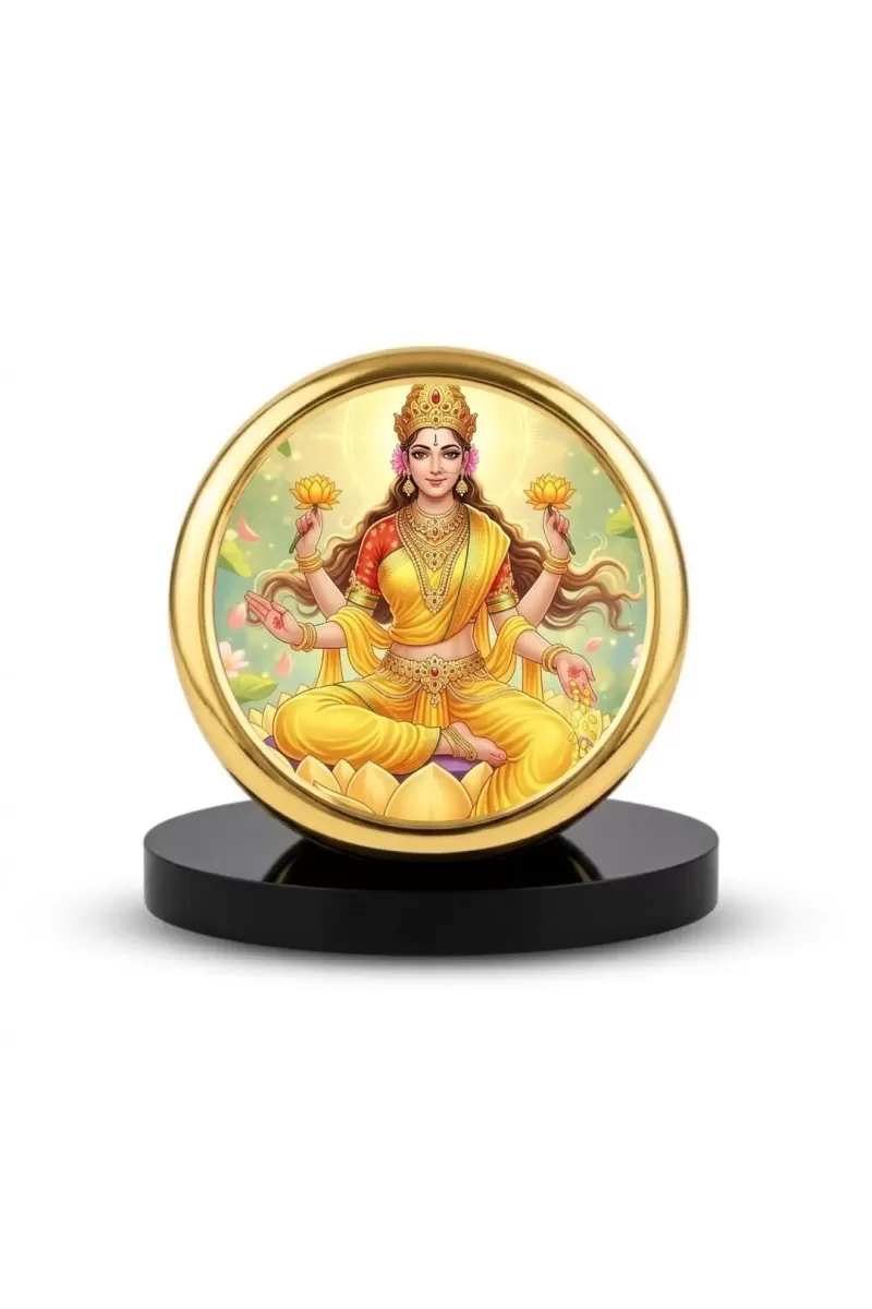 Car Dashboard/Table Top  Goddess Lakshmi Metal Golden Photo Stand  2x2 Inches, Compact & Stylish Spiritual Display For Car, Home & Office (Pack Of 1) (F24737)