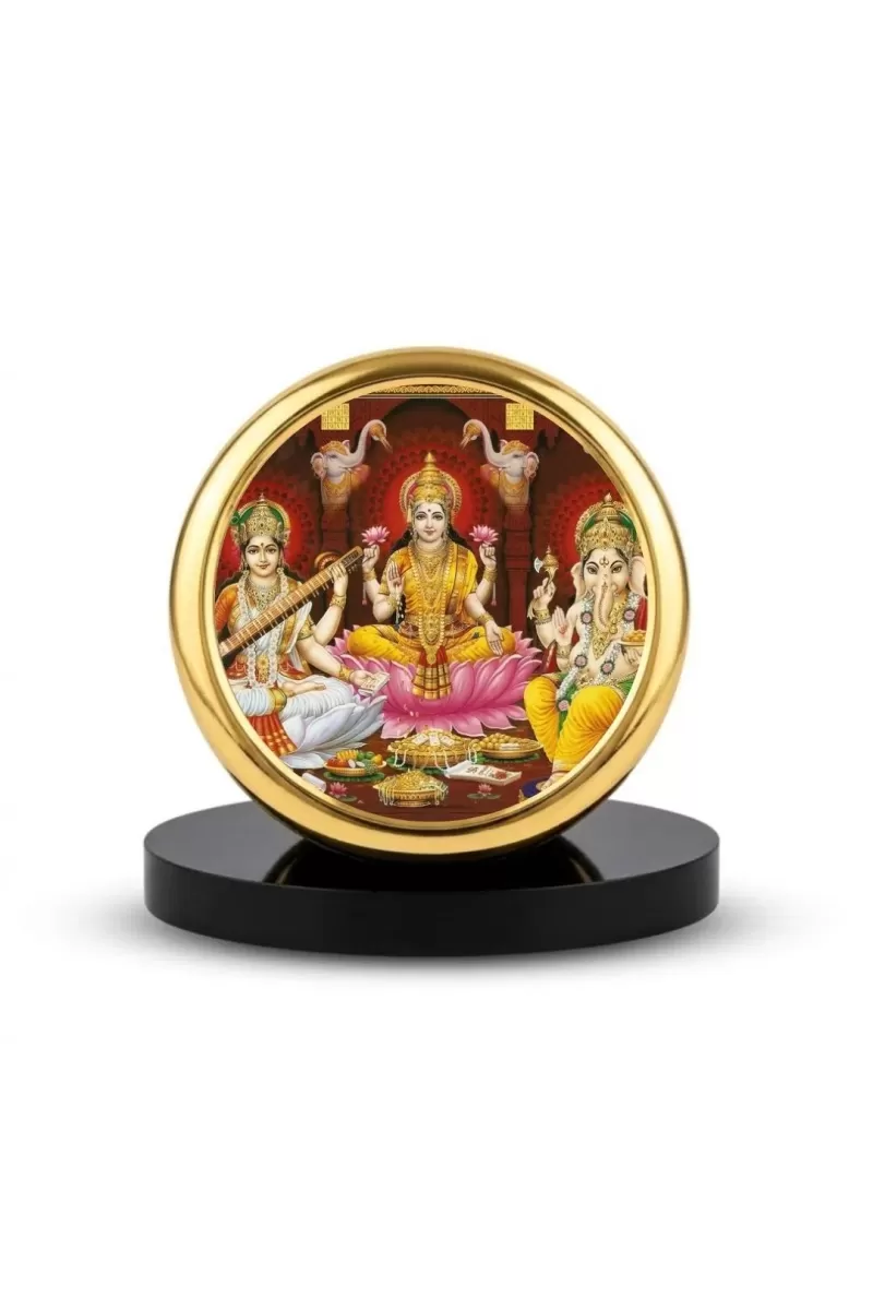 Car Dashboard/Table Top  Lakshmi, Saraswati, And Ganesha Metal Golden Photo Stand  2x2 Inches, Compact & Stylish Spiritual Display For Car, Home & Office (Pack Of 1) (F24738)
