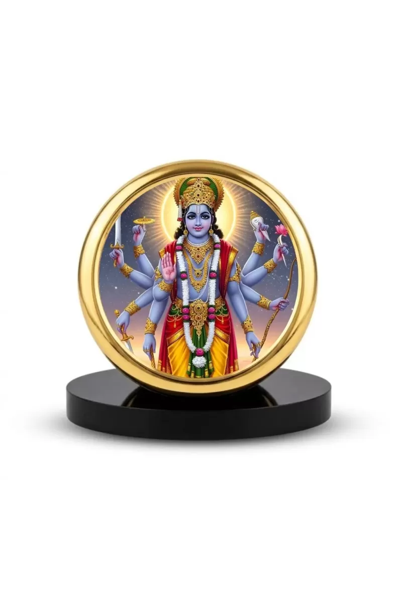 Car Dashboard/Table Top Lord Vishnu Metal Golden Photo Stand  2x2 Inches, Compact & Stylish Spiritual Display For Car, Home & Office (Pack Of 1) (F24739)