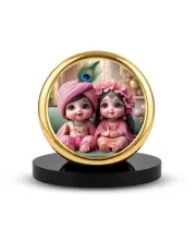 Car Dashboard/Table Top Little Radha Krishna Metal Golden Photo Stand  2x2 Inches, Compact & Stylish Spiritual Display For Car, Home & Office (Pack Of 1) (F24740)