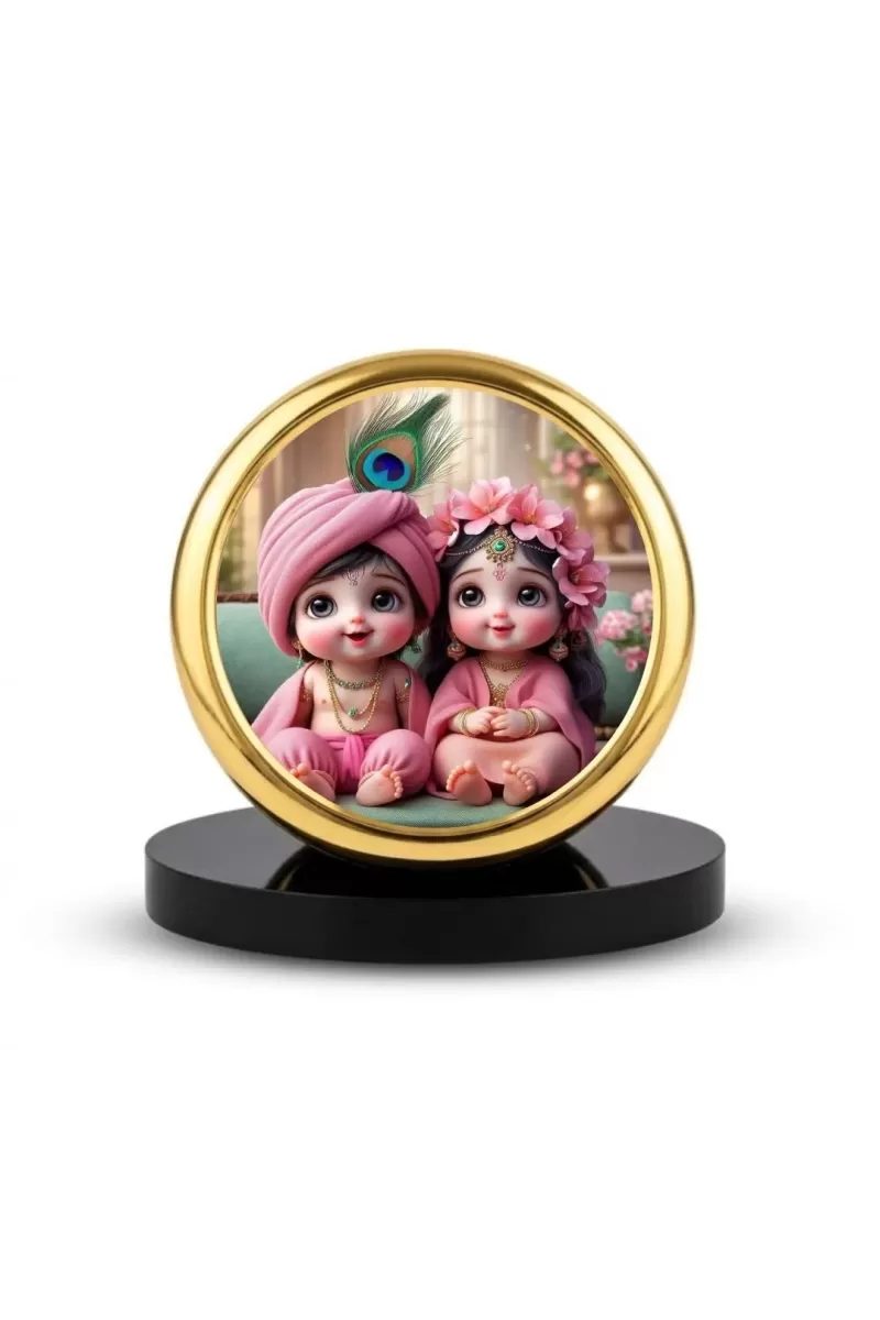 Car Dashboard/Table Top Little Radha Krishna Metal Golden Photo Stand  2x2 Inches, Compact & Stylish Spiritual Display For Car, Home & Office (Pack Of 1) (F24740)