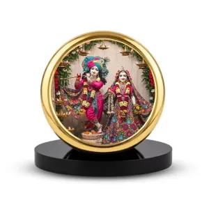 Car Dashboard/Table Top Radha And Krishna Metal Golden Photo Stand  2x2 Inches, Compact & Stylish Spiritual Display For Car, Home & Office (Pack Of 1) (F24742)
