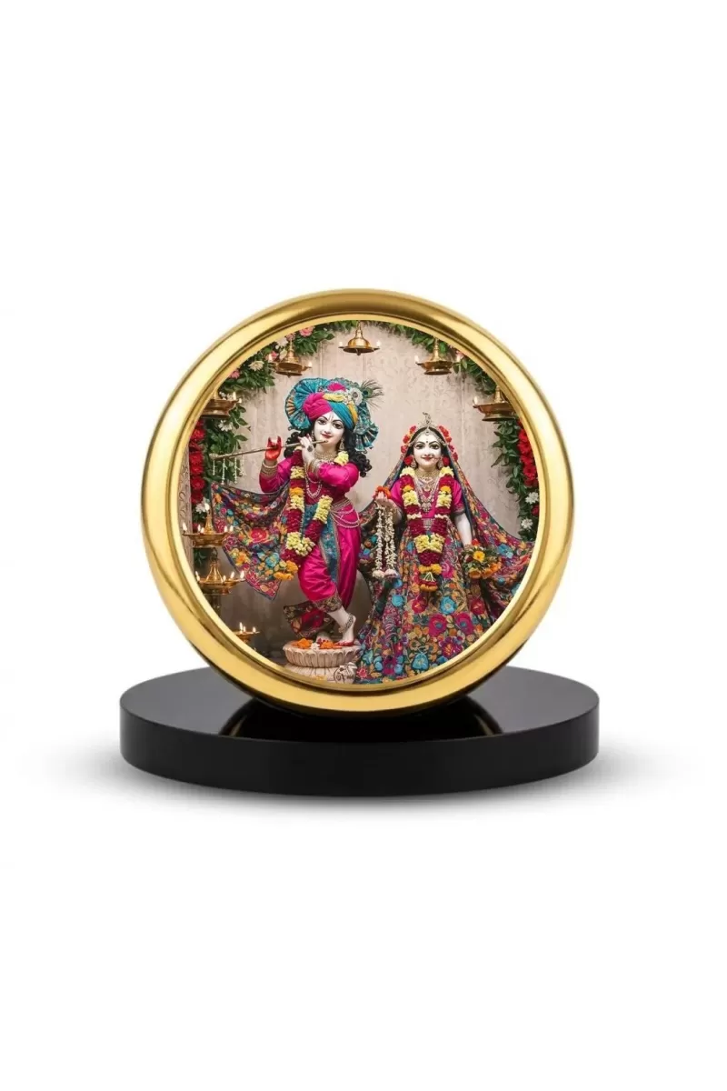 Car Dashboard/Table Top Radha And Krishna Metal Golden Photo Stand  2x2 Inches, Compact & Stylish Spiritual Display For Car, Home & Office (Pack Of 1) (F24742)