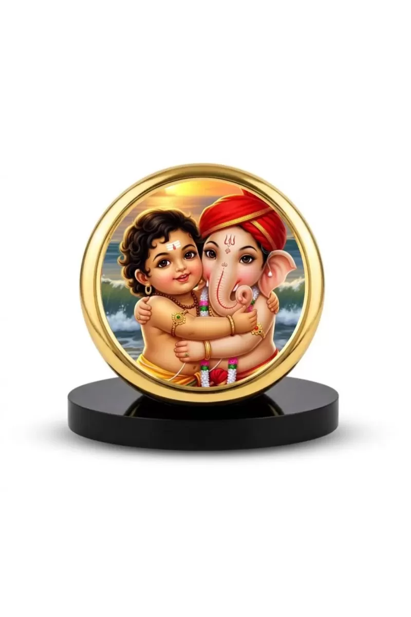 Car Dashboard/Table Top Lord Ganesha And Lord Murugan Metal Golden Photo Stand  2x2 Inches, Compact & Stylish Spiritual Display For Car, Home & Office (Pack Of 1) (F24745)
