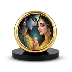 Car Dashboard/Table Top Radha And Krishna Metal Golden Photo Stand  2x2 Inches, Compact & Stylish Spiritual Display For Car, Home & Office (Pack Of 1) (F24741)