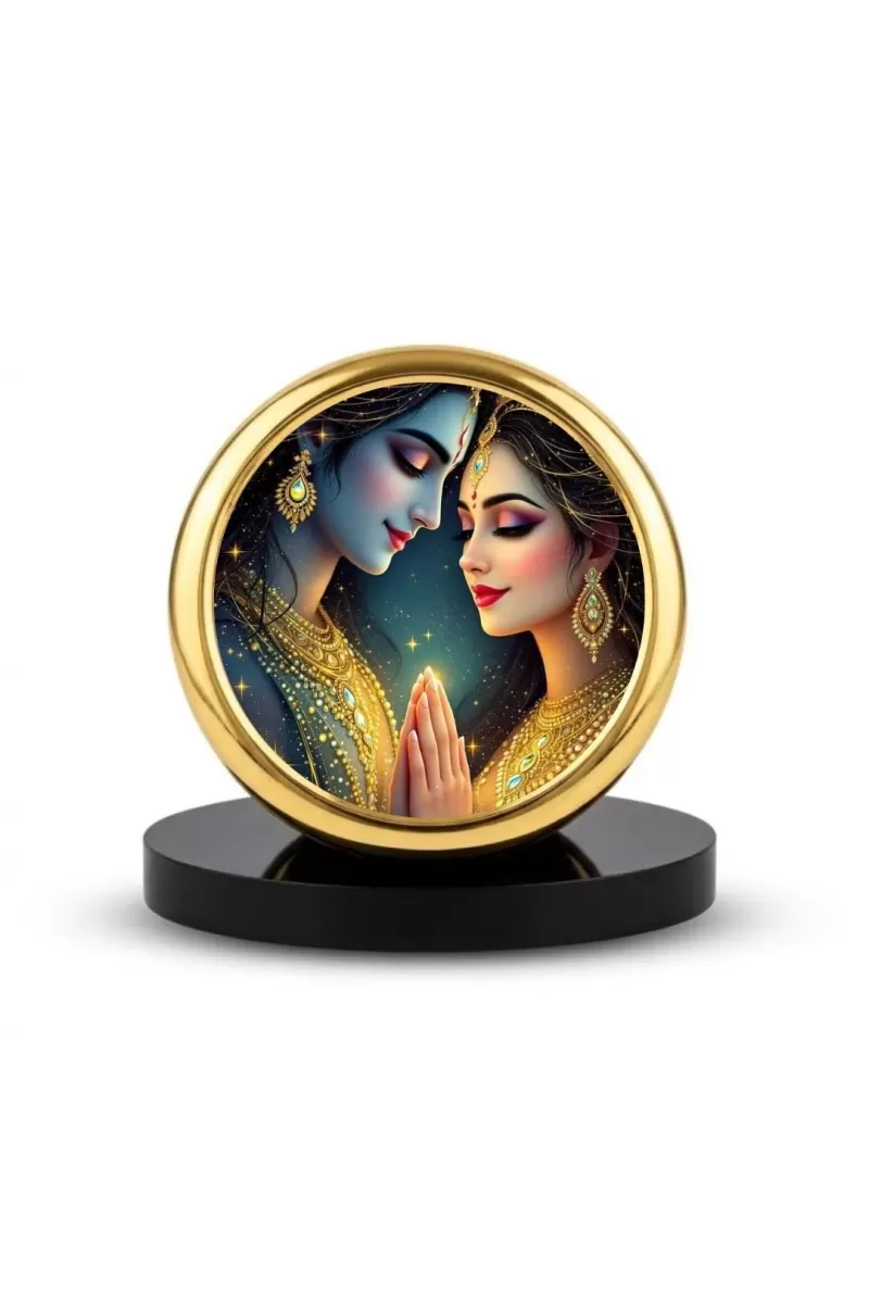 Car Dashboard/Table Top Radha And Krishna Metal Golden Photo Stand  2x2 Inches, Compact & Stylish Spiritual Display For Car, Home & Office (Pack Of 1) (F24741)