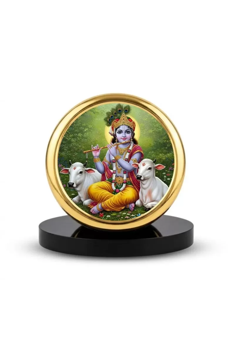 Car Dashboard/Table Top  Lord Krishna Metal Golden Photo Stand  2x2 Inches, Compact & Stylish Spiritual Display For Car, Home & Office (Pack Of 1) (F24746)