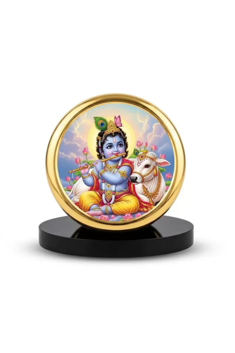Car Dashboard/Table Top  Lord Krishna Metal Golden Photo Stand  2x2 Inches, Compact & Stylish Spiritual Display For Car, Home & Office (Pack Of 1) (F24747)