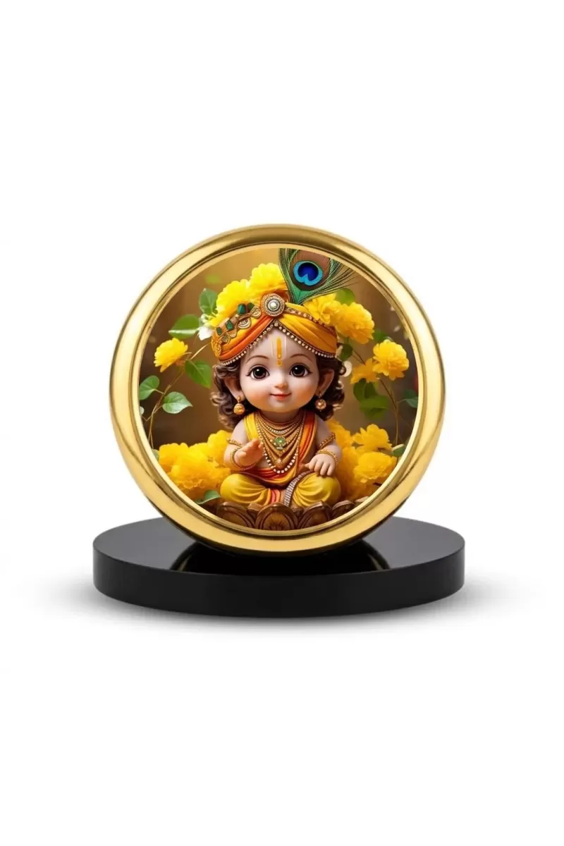 Car Dashboard/Table Top  Little Krishna Metal Golden Photo Stand  2x2 Inches, Compact & Stylish Spiritual Display For Car, Home & Office (Pack Of 1) (F24748)