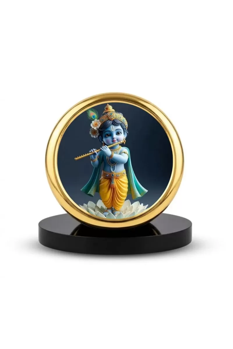 Car Dashboard/Table Top  Lord Krishna Metal Golden Photo Stand  2x2 Inches, Compact & Stylish Spiritual Display For Car, Home & Office (Pack Of 1) (F24749)