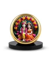 Car Dashboard/Table Top  Radha Krishna Metal Golden Photo Stand  2x2 Inches, Compact & Stylish Spiritual Display For Car, Home & Office (Pack Of 1) (F24750)