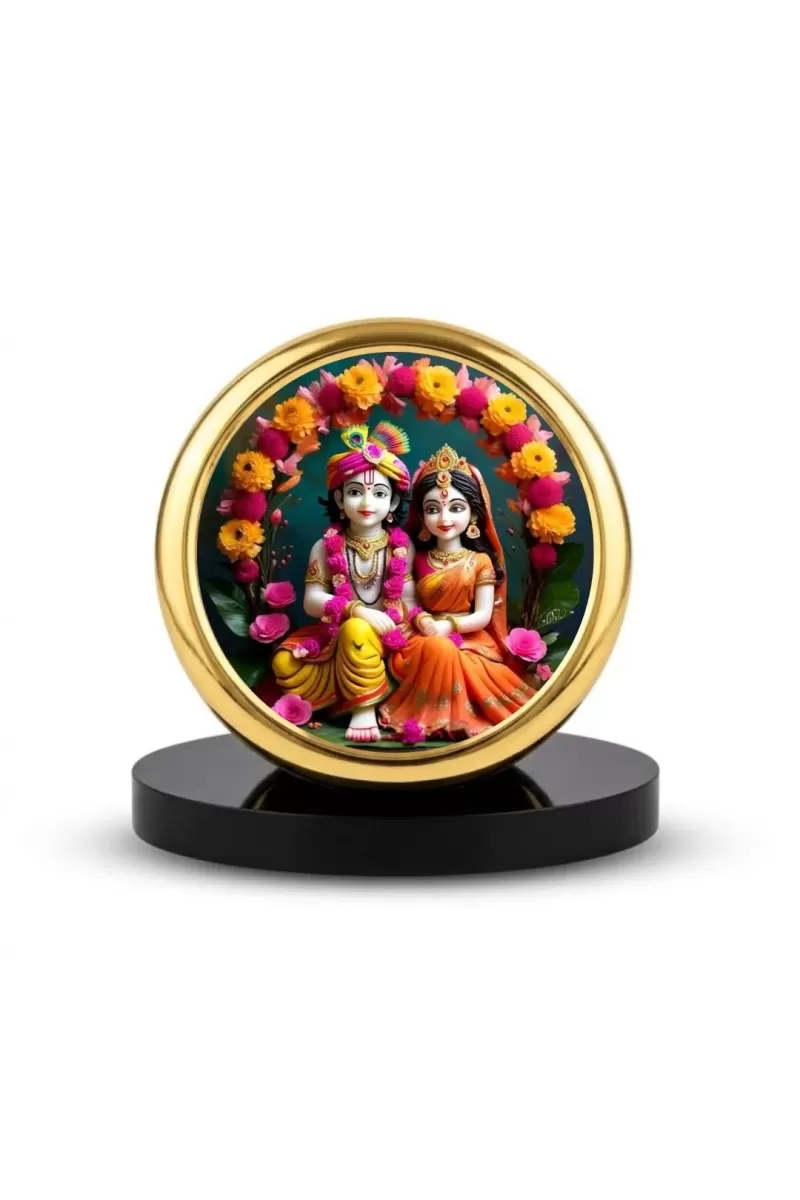 Car Dashboard/Table Top  Radha Krishna Metal Golden Photo Stand  2x2 Inches, Compact & Stylish Spiritual Display For Car, Home & Office (Pack Of 1) (F24750)