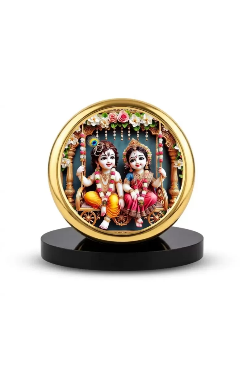 Car Dashboard/Table Top  Radha Krishna Metal Golden Photo Stand  2x2 Inches, Compact & Stylish Spiritual Display For Car, Home & Office (Pack Of 1) (F24751)