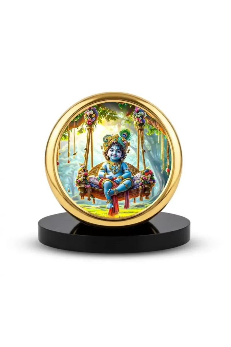 Car Dashboard/Table Top Bal Krishna  Metal Golden Photo Stand  2x2 Inches, Compact & Stylish Spiritual Display For Car, Home & Office (Pack Of 1) (F24752)
