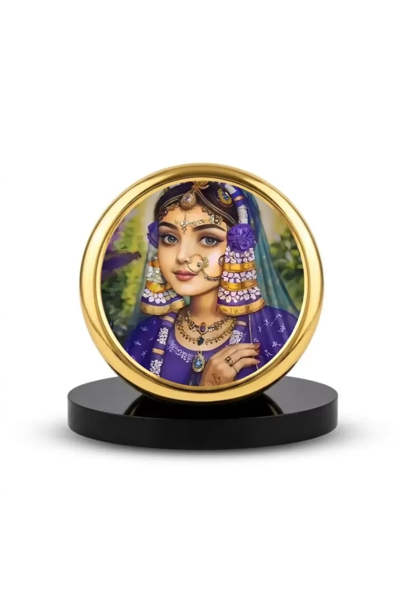 Car Dashboard/Table Top  Radha Rani Metal Golden Photo Stand  2x2 Inches, Compact & Stylish Spiritual Display For Car, Home & Office (Pack Of 1) (F24753)