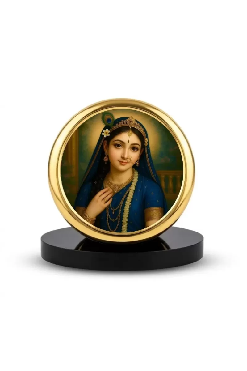 Car Dashboard/Table Top  Radha Rani Metal Golden Photo Stand  2x2 Inches, Compact & Stylish Spiritual Display For Car, Home & Office (Pack Of 1) (F24754)