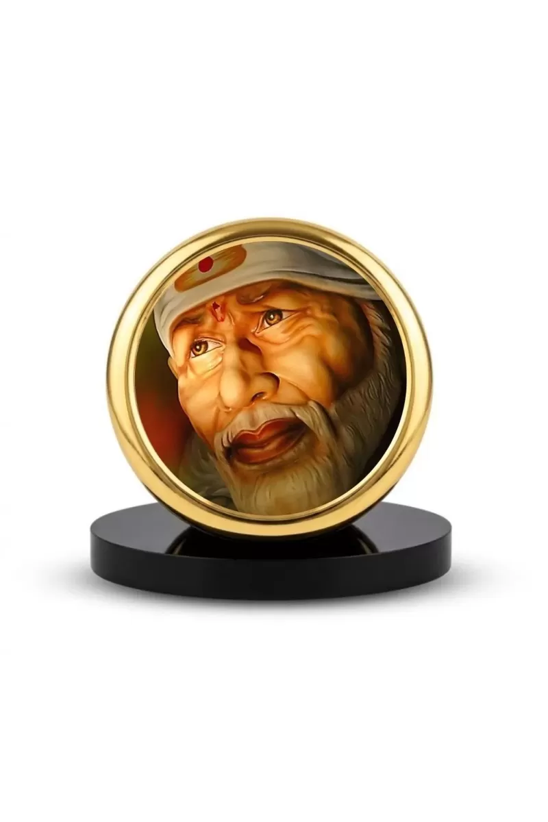 Car Dashboard/Table Top  Shirdi Sai Baba Metal Golden Photo Stand  2x2 Inches, Compact & Stylish Spiritual Display For Car, Home & Office (Pack Of 1) (F24509)