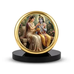 Car Dashboard/Table Top Radha And Krishna Metal Golden Photo Stand  2x2 Inches, Compact & Stylish Spiritual Display For Car, Home & Office (Pack Of 1) (F24520)