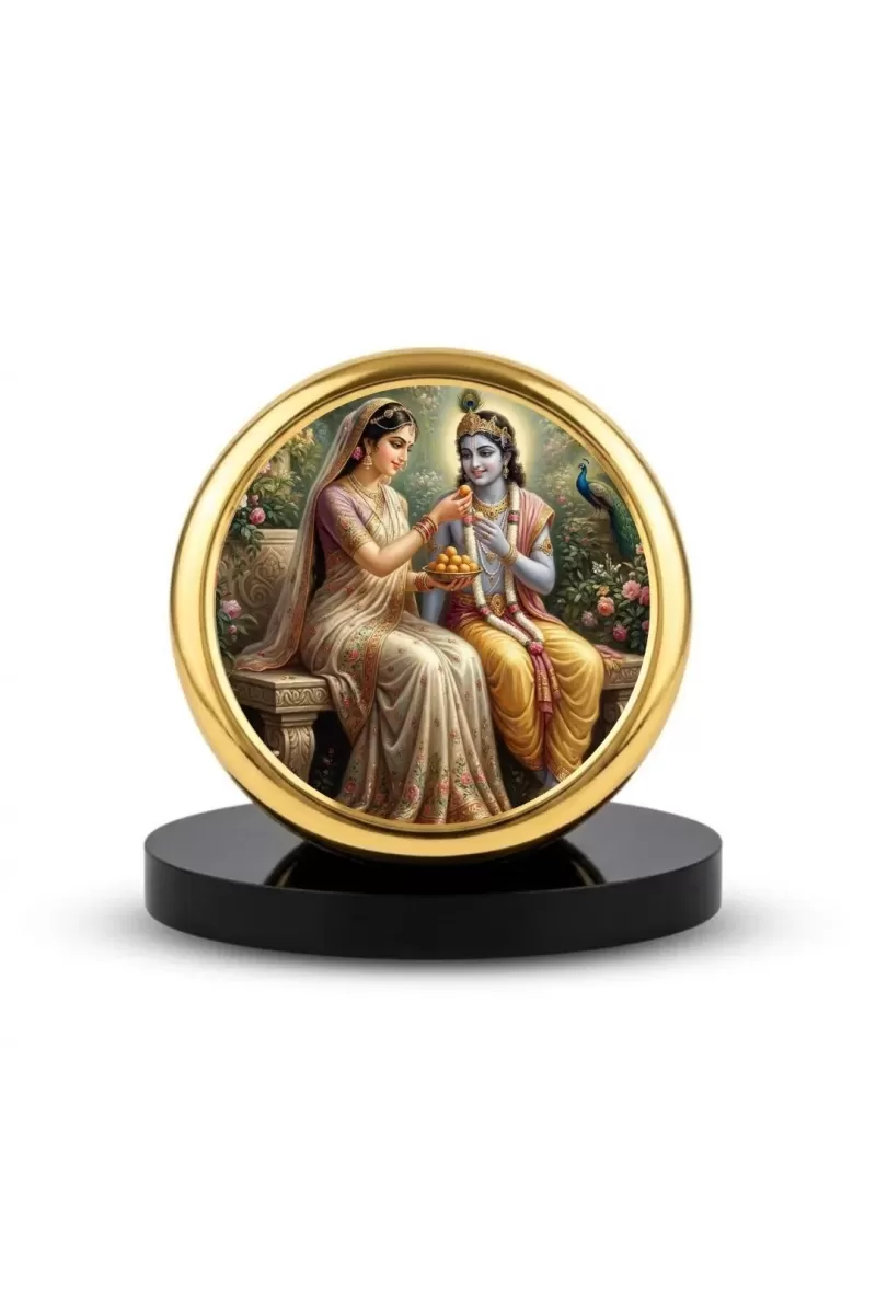 Car Dashboard/Table Top Radha And Krishna Metal Golden Photo Stand  2x2 Inches, Compact & Stylish Spiritual Display For Car, Home & Office (Pack Of 1) (F24520)