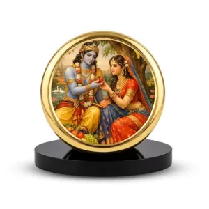 Car Dashboard/Table Top Radha And Krishna Metal Golden Photo Stand  2x2 Inches, Compact & Stylish Spiritual Display For Car, Home & Office (Pack Of 1) (F24522)