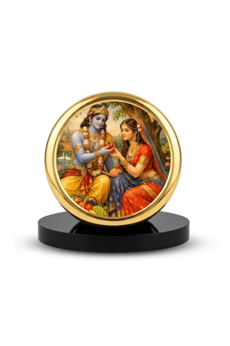 Car Dashboard/Table Top Radha And Krishna Metal Golden Photo Stand  2x2 Inches, Compact & Stylish Spiritual Display For Car, Home & Office (Pack Of 1) (F24522)