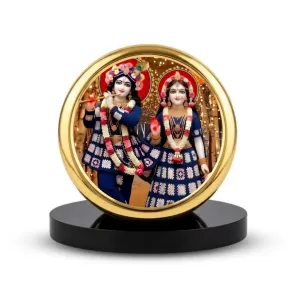 Car Dashboard/Table Top Radha And Krishna Metal Golden Photo Stand  2x2 Inches, Compact & Stylish Spiritual Display For Car, Home & Office (Pack Of 1) (F24524)