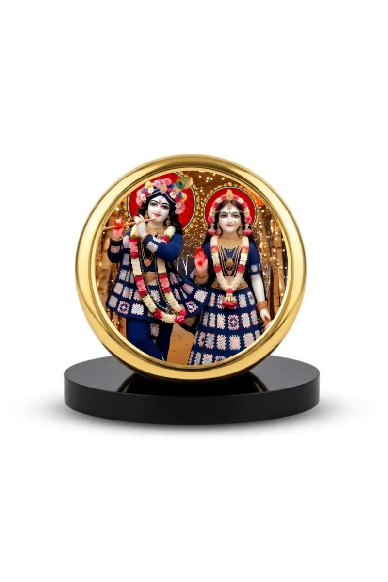 Car Dashboard/Table Top Radha And Krishna Metal Golden Photo Stand  2x2 Inches, Compact & Stylish Spiritual Display For Car, Home & Office (Pack Of 1) (F24524)