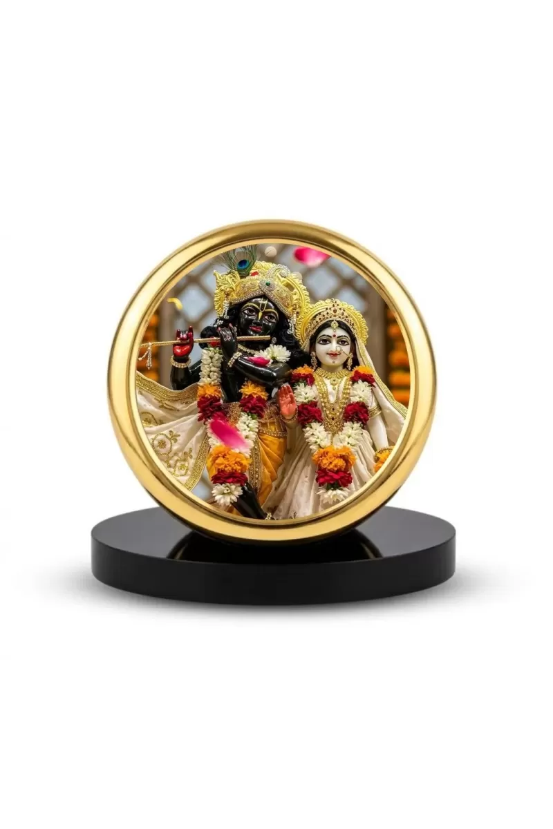 Car Dashboard/Table Top  Radha Krishna Metal Golden Photo Stand  2x2 Inches, Compact & Stylish Spiritual Display For Car, Home & Office (Pack Of 1) (F24529)