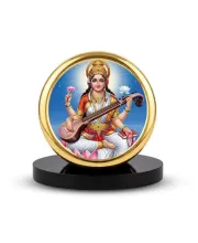 Car Dashboard/Table Top Goddess Saraswati Metal Golden Photo Stand  2x2 Inches, Compact & Stylish Spiritual Display For Car, Home & Office (Pack Of 1) (F24785)