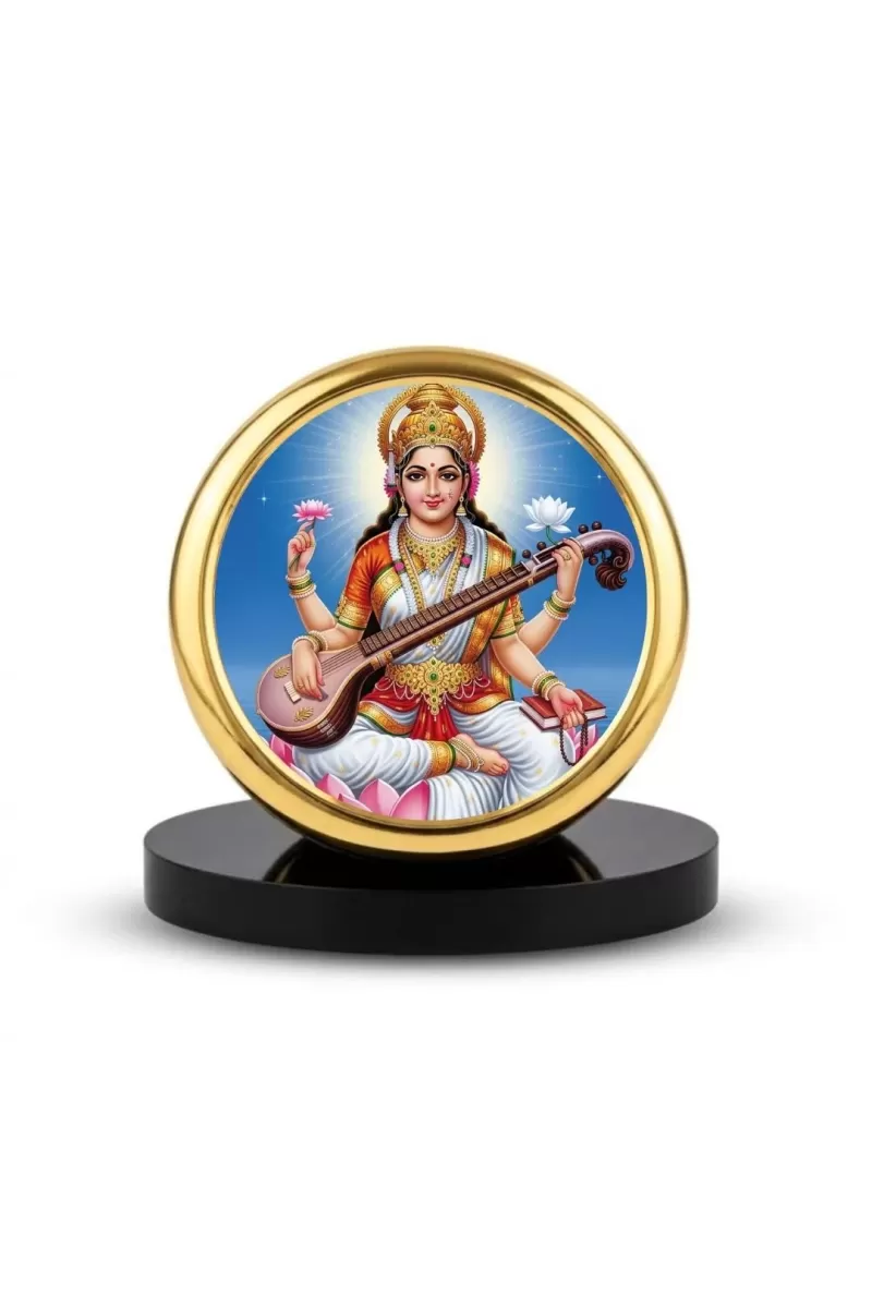 Car Dashboard/Table Top Goddess Saraswati Metal Golden Photo Stand  2x2 Inches, Compact & Stylish Spiritual Display For Car, Home & Office (Pack Of 1) (F24785)