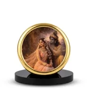 Car Dashboard/Table Top  Radha Krishna Metal Golden Photo Stand  2x2 Inches, Compact & Stylish Spiritual Display For Car, Home & Office (Pack Of 1) (F24536)