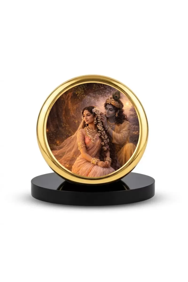 Car Dashboard/Table Top  Radha Krishna Metal Golden Photo Stand  2x2 Inches, Compact & Stylish Spiritual Display For Car, Home & Office (Pack Of 1) (F24536)