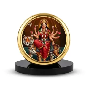 Car Dashboard/Table Top Goddess Durga Metal Golden Photo Stand 2x2 Inches, Compact & Stylish Spiritual Display For Car, Home & Office (Pack Of 1) (F24534) Car Dashboard/Table Top Goddess Durga Metal Golden Photo Stand 2x2 Inches, Compact & Stylish Spiritual Display For Car, Home & Office (Pack Of 1) (F24534)
