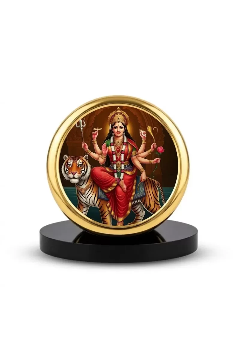 Car Dashboard/Table Top  Goddess Durga Metal Golden Photo Stand  2x2 Inches, Compact & Stylish Spiritual Display For Car, Home & Office (Pack Of 1) (F24534)