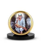 Car Dashboard/Table Top  Shirdi Sai Baba Metal Golden Photo Stand  2x2 Inches, Compact & Stylish Spiritual Display For Car, Home & Office (Pack Of 1) (F24535)