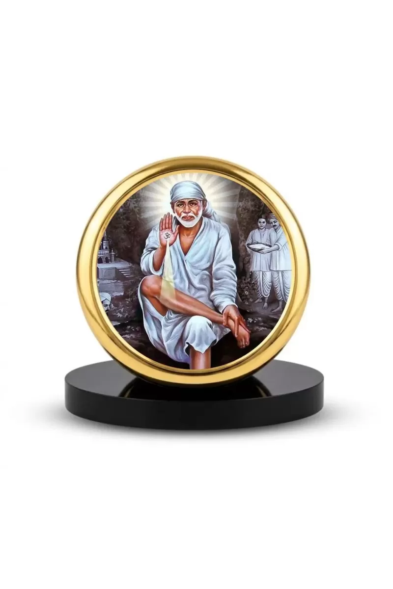 Car Dashboard/Table Top  Shirdi Sai Baba Metal Golden Photo Stand  2x2 Inches, Compact & Stylish Spiritual Display For Car, Home & Office (Pack Of 1) (F24535)